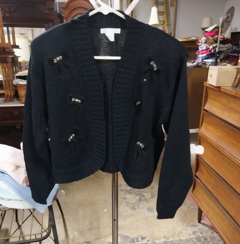 Vtg. Jamie Scott Black Cardigan with Bow Accents